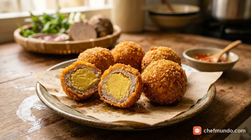 Viên bánh chiên lệ phố vàng giòn cắt đôi lộ nhân đậu xanh dẻo mịn bùi béo