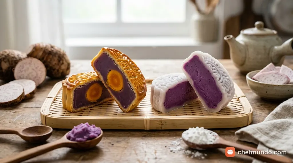 So sánh bánh nướng và bánh dẻo nhân khoai môn bên cạnh nguyên liệu củ khoai tươi