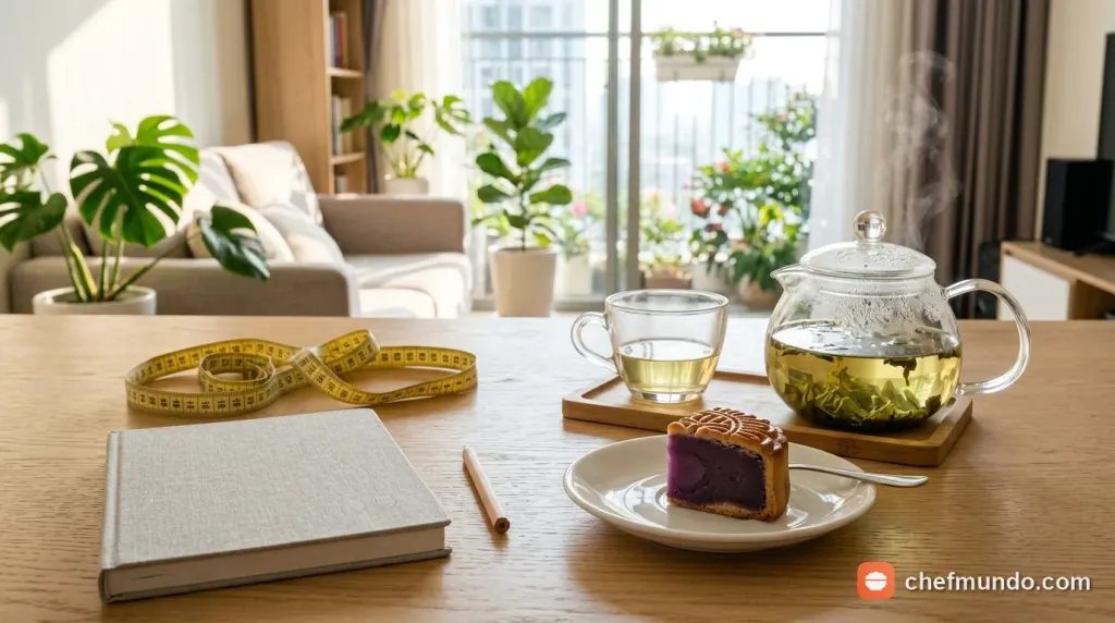 Miếng bánh trung thu khoai môn khẩu phần nhỏ bên tách trà xanh và nhật ký tập luyện