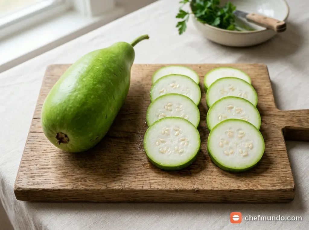 Những lát bầu tươi mọng nước trên thớt gỗ