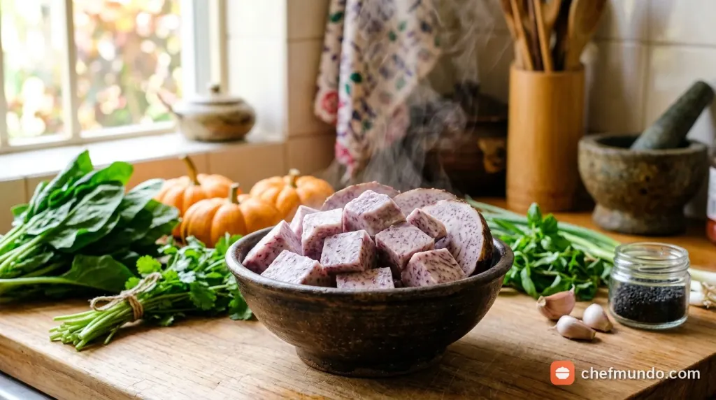 Những miếng khoai môn ruột vân tím hấp chín mềm giàu dinh dưỡng cho phụ nữ mang thai