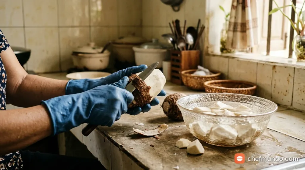 Hướng dẫn sơ chế gọt vỏ khoai môn an toàn bằng găng tay và ngâm nước muối loãng