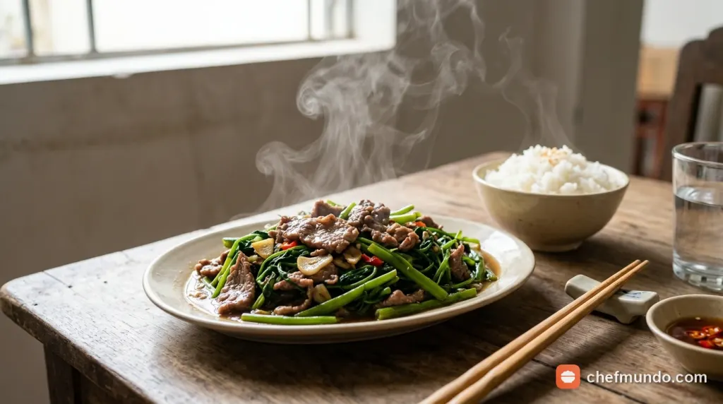 Món thịt bò xào rau muống chín kỹ bổ sung hàm lượng sắt và acid folic cho phụ nữ mang thai