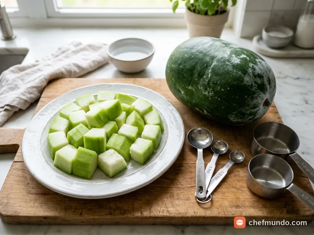 Sơ chế nạo bỏ ruột quả bí xanh trên thớt gỗ
