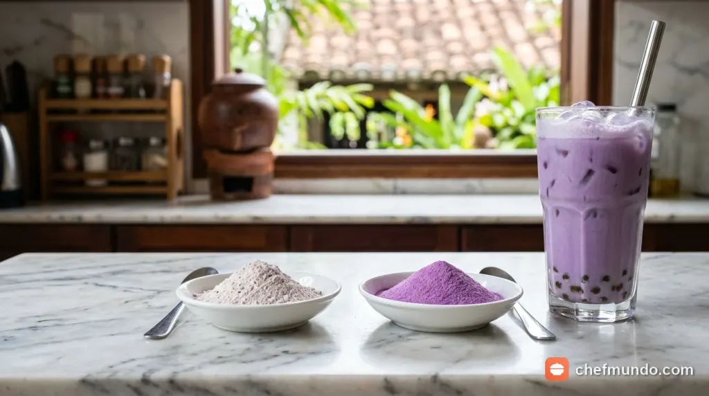 So sánh bột nguyên chất màu tím nhạt tự nhiên và bột sữa pha trà sữa màu tím đậm