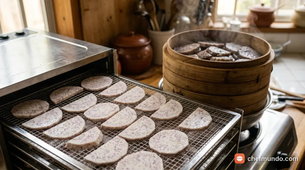 Quy trình thái lát mỏng và hấp sơ khoai môn trước khi sấy khô làm bột nguyên chất