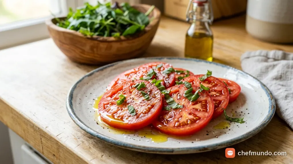 Cà chua cắt lát trộn với dầu oliu giúp tăng cường hấp thụ lycopene và bảo vệ sức khỏe tim mạch.