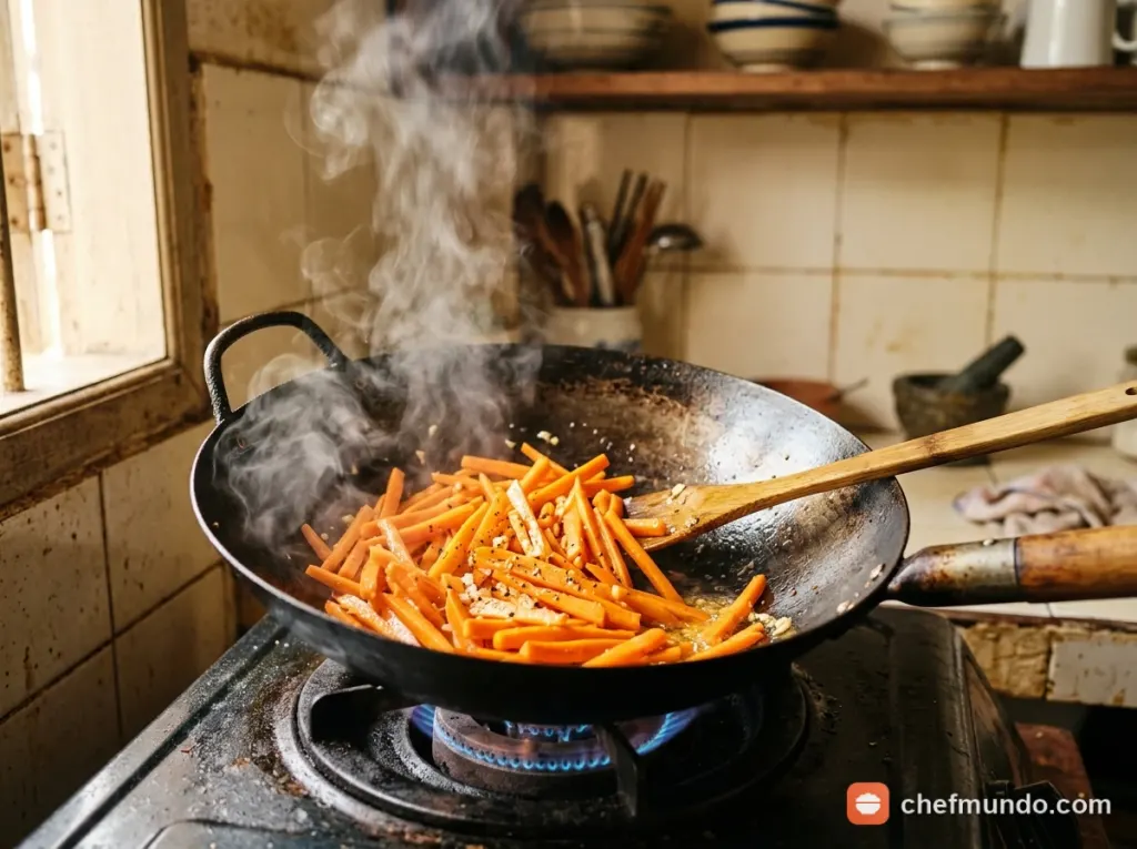 Chảo xào cà rốt thái sợi bốc khói nóng hổi trong không gian bếp