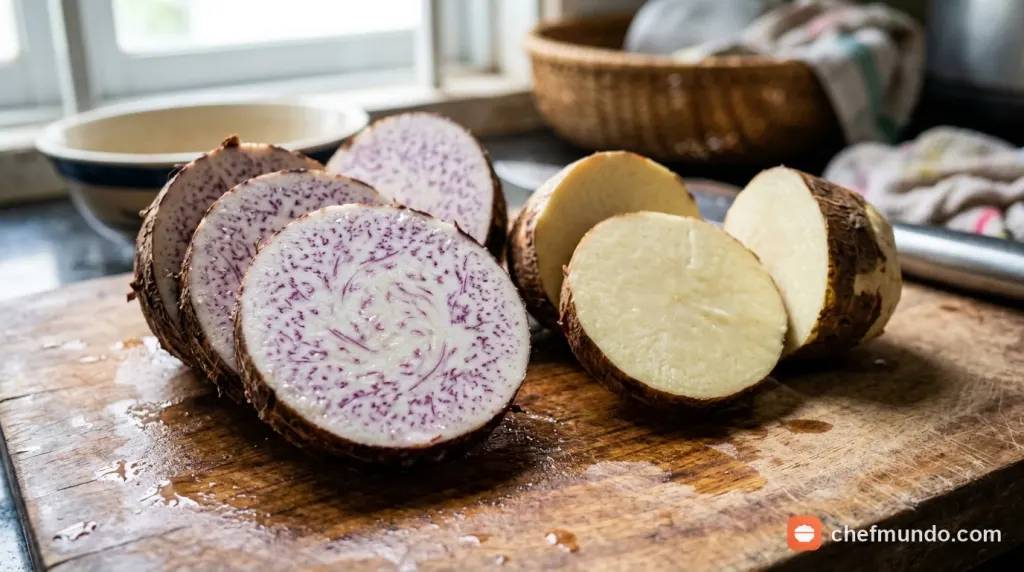 Mặt cắt ngang củ môn cao với các đường vân chỉ tím rõ nét