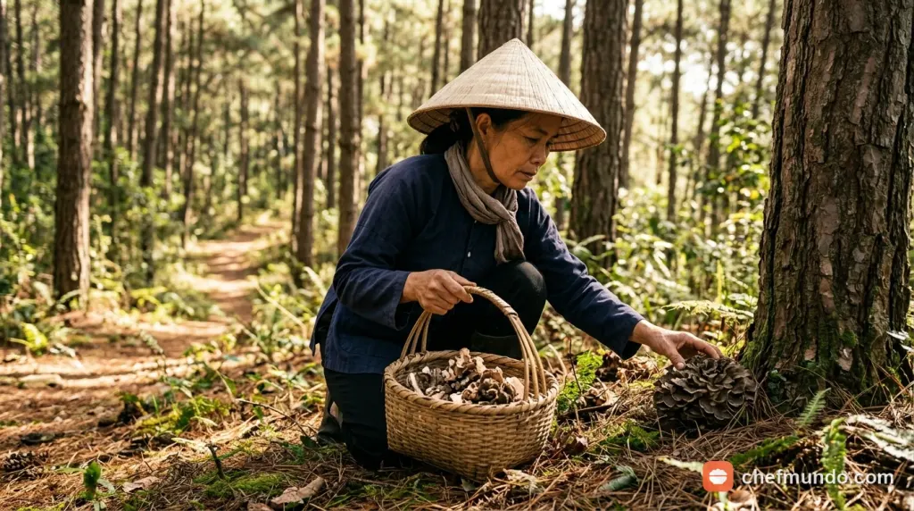 Nấm rơm và nấm hương thái lát xào cùng tỏi và hành hoa trên chảo nóng