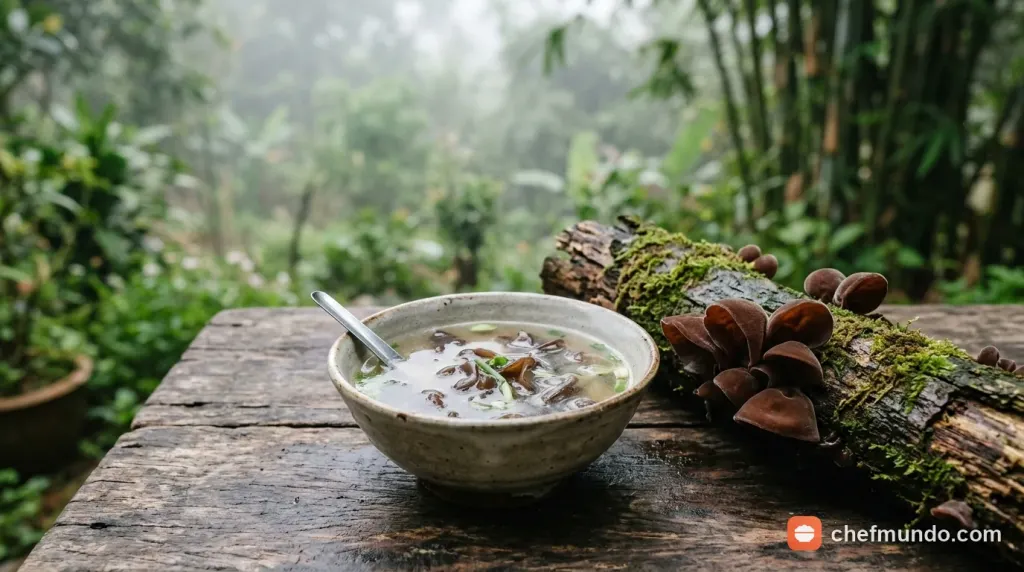 Nấm hương tươi trên thớt gỗ cạnh sổ tay ghi chép an toàn thực phẩm