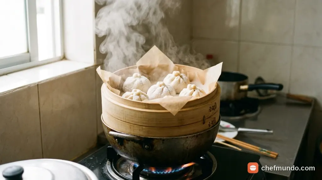 Hấp chín trực tiếp bánh bao đông lạnh chưa hấp trong xửng nước sôi khoảng 15 - 20 phút