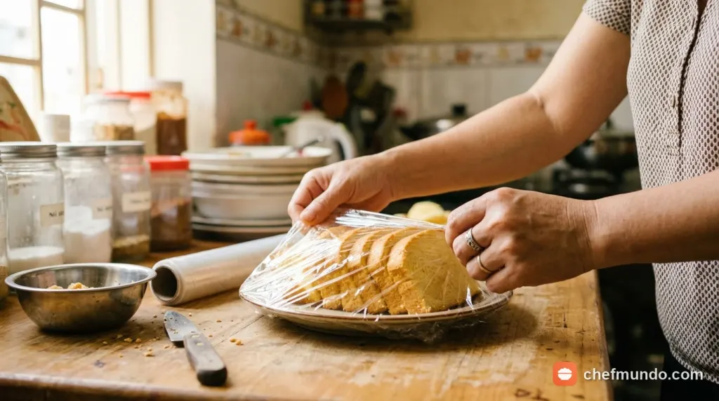 Kỹ thuật bọc kín từng lát cốt bông lan bằng màng bọc thực phẩm trước khi cất tủ lạnh
