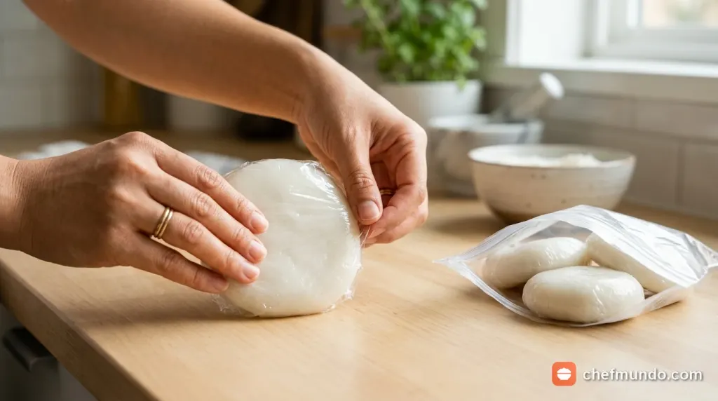 Bánh dày bọc màng bọc thực phẩm và xếp trong hộp kín khí để bảo quản ngăn mát tủ lạnh