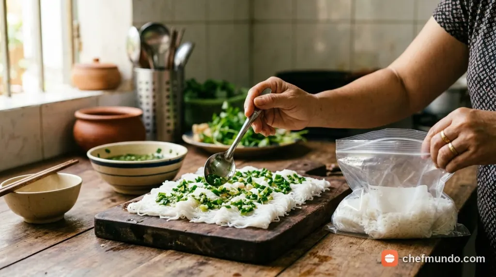 Phương pháp bọc kín bánh hỏi tươi bằng màng bọc thực phẩm trước khi lưu trữ trong tủ lạnh
