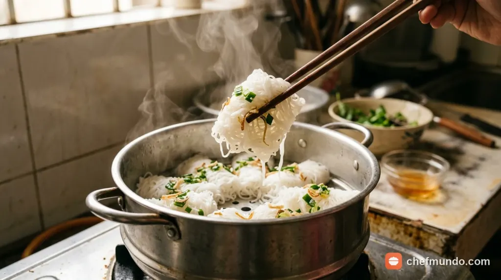 Hấp cách thủy bánh hỏi qua đêm trên xửng hấp giúp phục hồi độ mềm dai và tơi xốp tự nhiên
