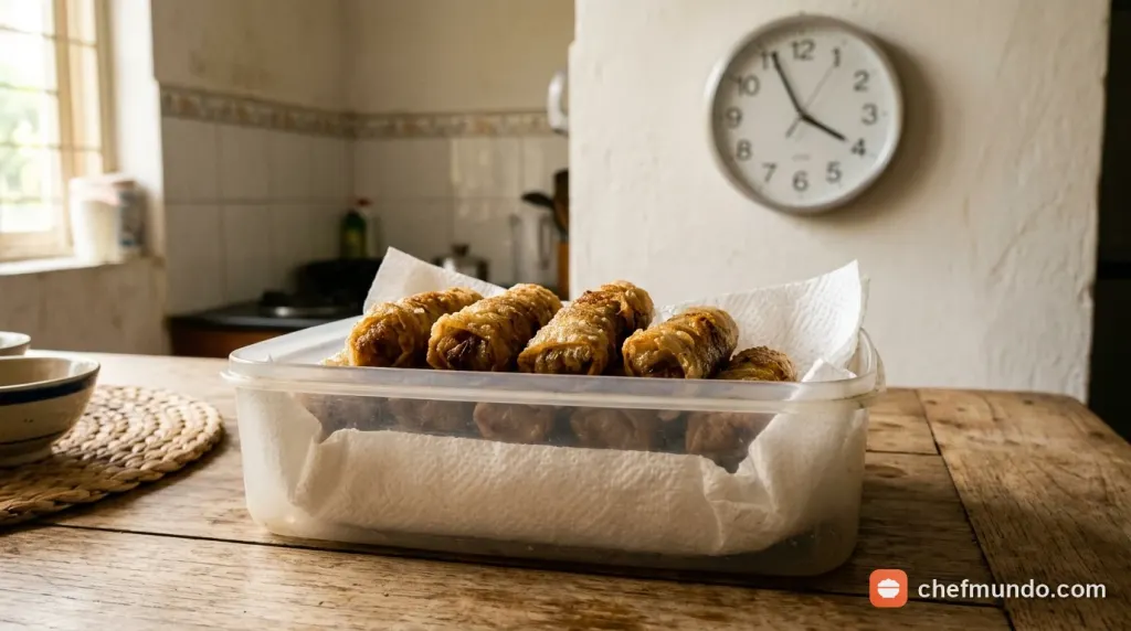 Chả giò đã chiên để ráo dầu trên giá lưới trước khi đóng hộp bảo quản tủ lạnh