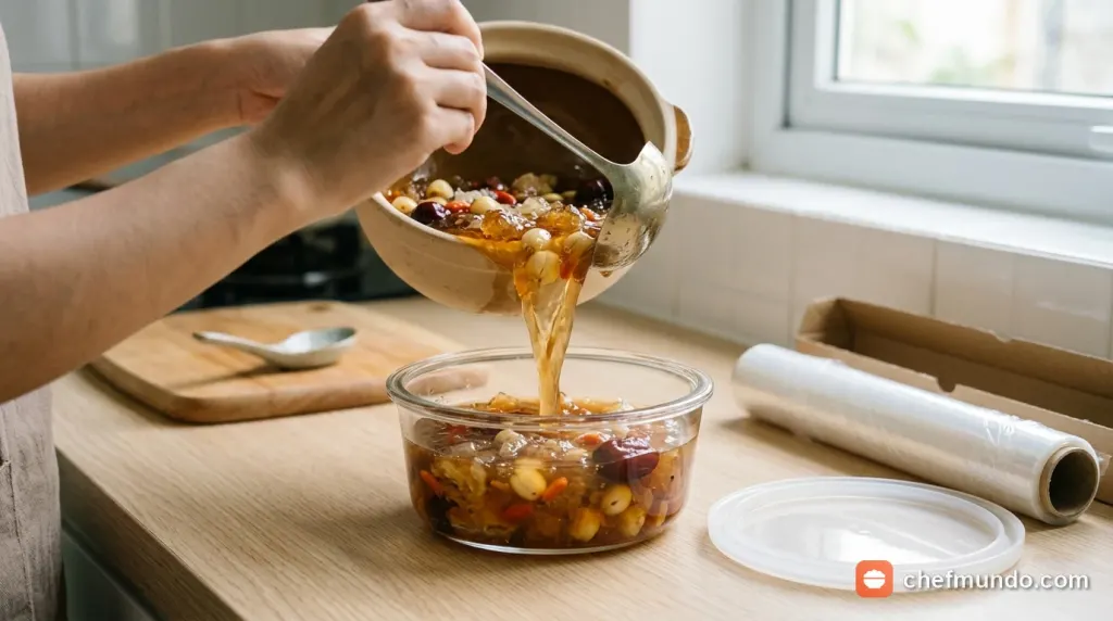 Phân loại từng thành phần chè và nước cốt dừa vào từng hộp kín riêng trước khi cất tủ lạnh