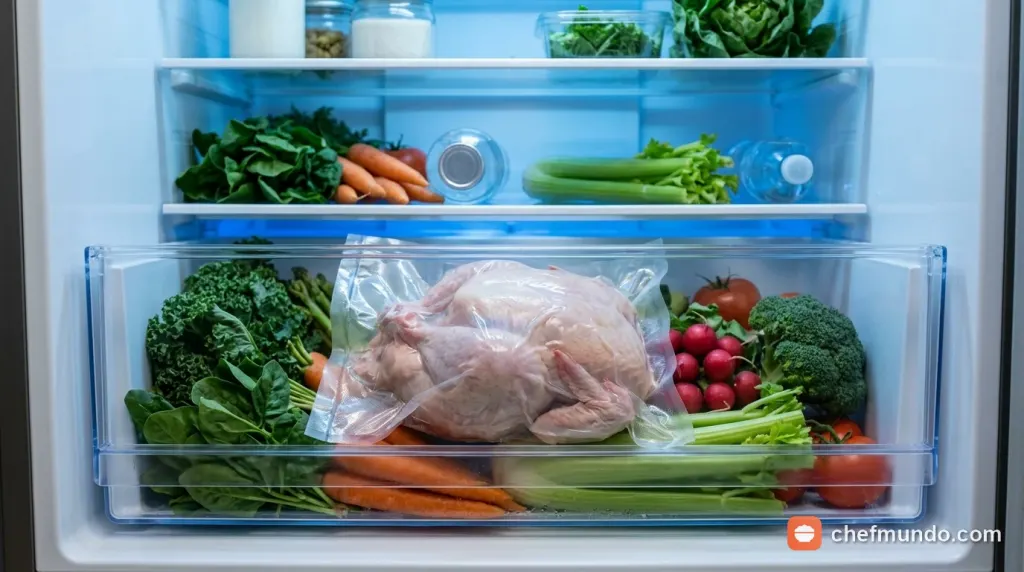 Bọc kín gà ủ muối đã chặt nhỏ bằng màng bọc thực phẩm trước khi cất vào ngăn mát tủ lạnh