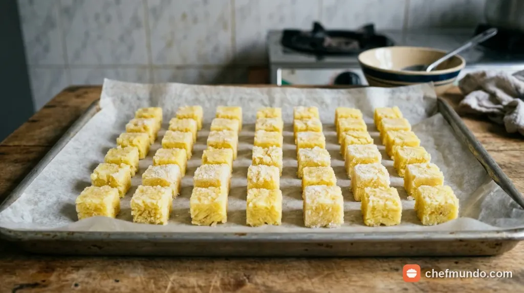 Gừng băm nhỏ được chia viên trên khay giấy nến để cấp đông tiện lấy lượng vừa đủ nấu.