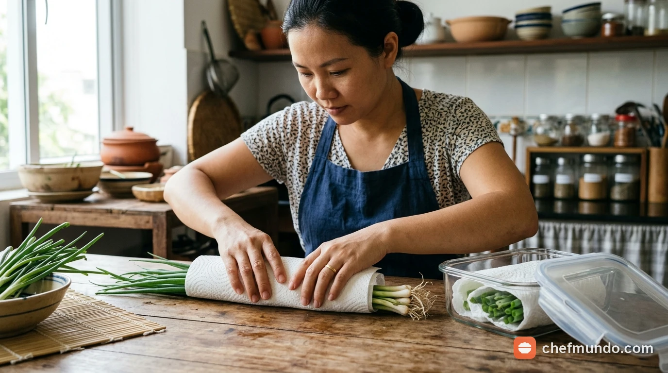 Bọc hành lá khô ráo bằng khăn giấy đa năng và xếp vào hộp kín để bảo quản trong ngăn mát tủ lạnh.