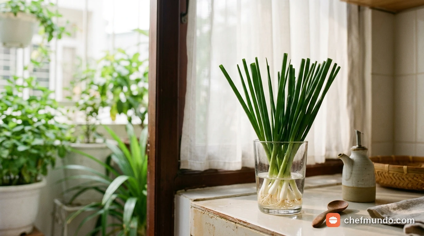 Cắm phần gốc hành lá vào ly nước sạch để bảo quản nguyên cây tươi xanh ở nhiệt độ phòng.