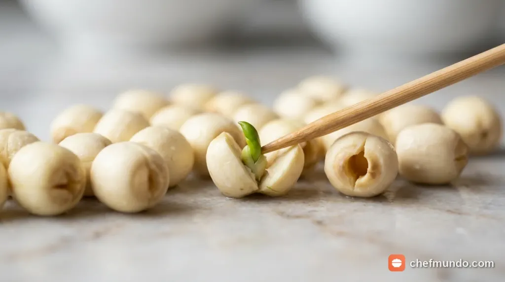 Quy trình sơ chế bóc vỏ màng lụa và dùng tăm lấy sạch tâm sen
