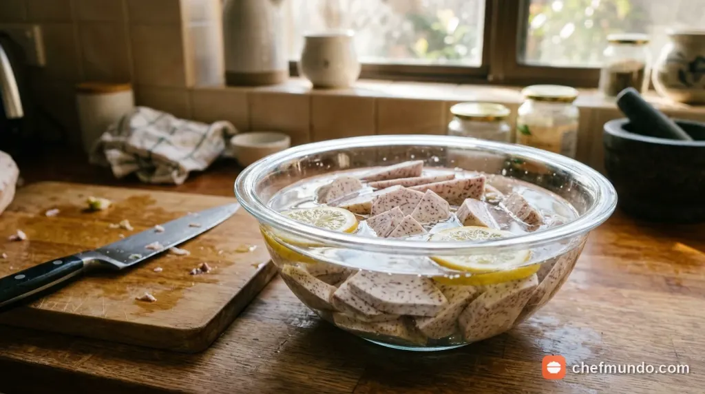 Sơ chế và ngâm khoai môn đã gọt vỏ trong nước muối loãng để chống thâm đen và giảm nhớt