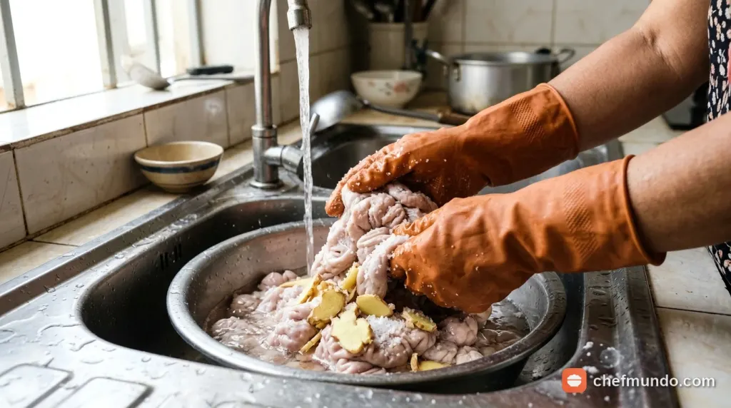 Quy trình sơ chế sạch nhớt và khử mùi lòng lợn sống trước khi bảo quản tủ lạnh