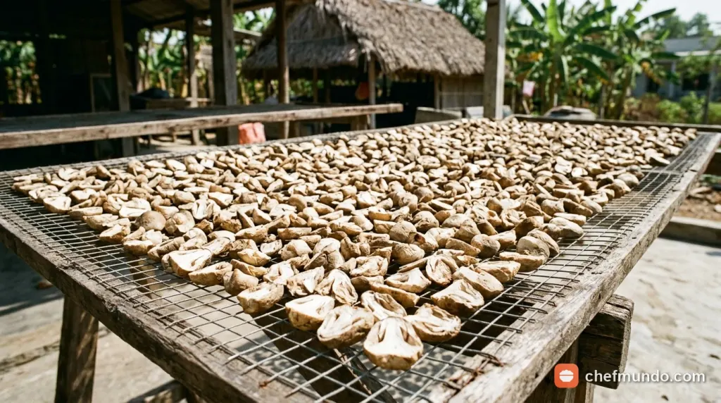 Nấm rơm chẻ đôi phơi khô trên khay kim loại để bảo quản dài hạn