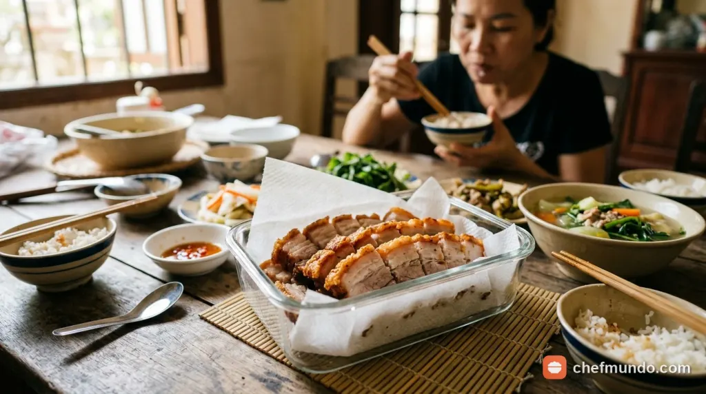 Sắp xếp thịt heo quay vào hộp nông có mặt da hướng lên trên để bảo quản trong ngăn mát tủ lạnh