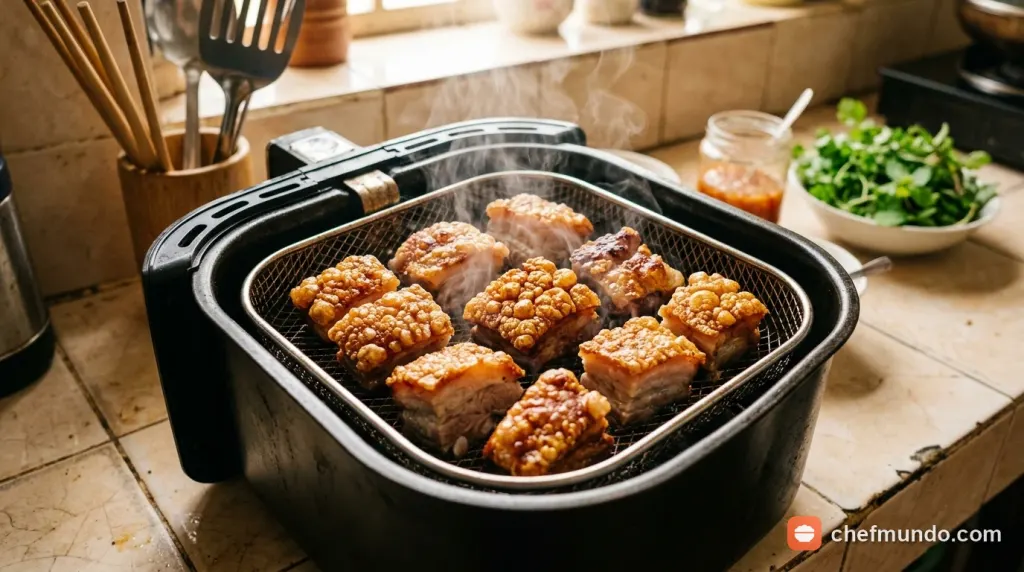 Hâm nóng thịt heo quay bằng nồi chiên không dầu giúp da phồng giòn trở lại và đảm bảo an toàn nhiệt độ