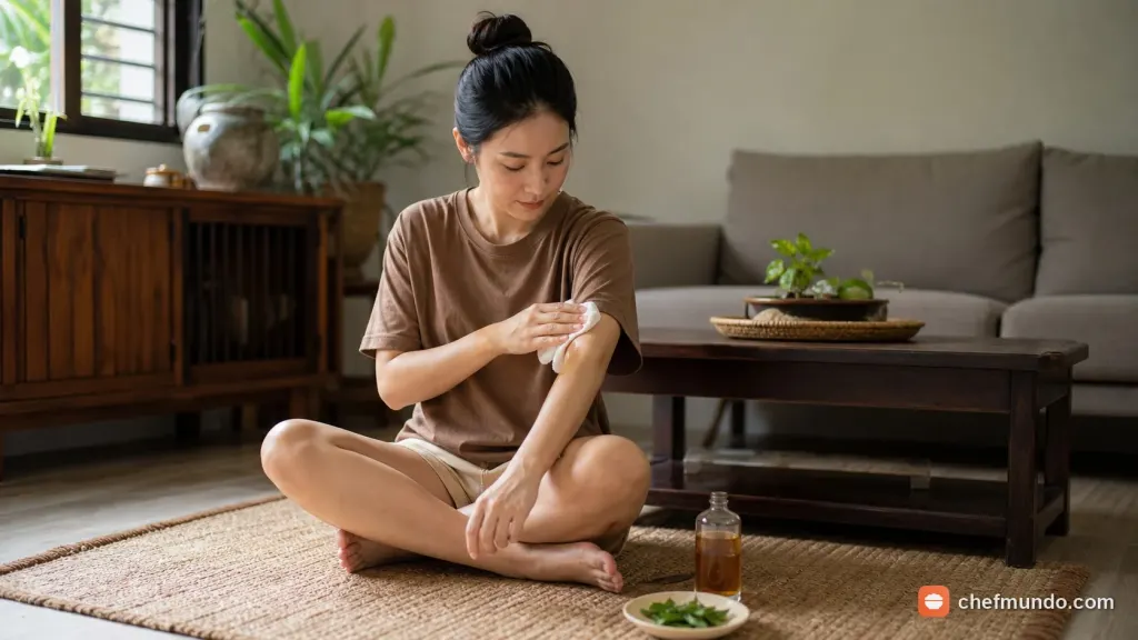 Thao tác thử phản ứng rượu gừng nghệ trên da cổ tay trước khi thoa diện rộng