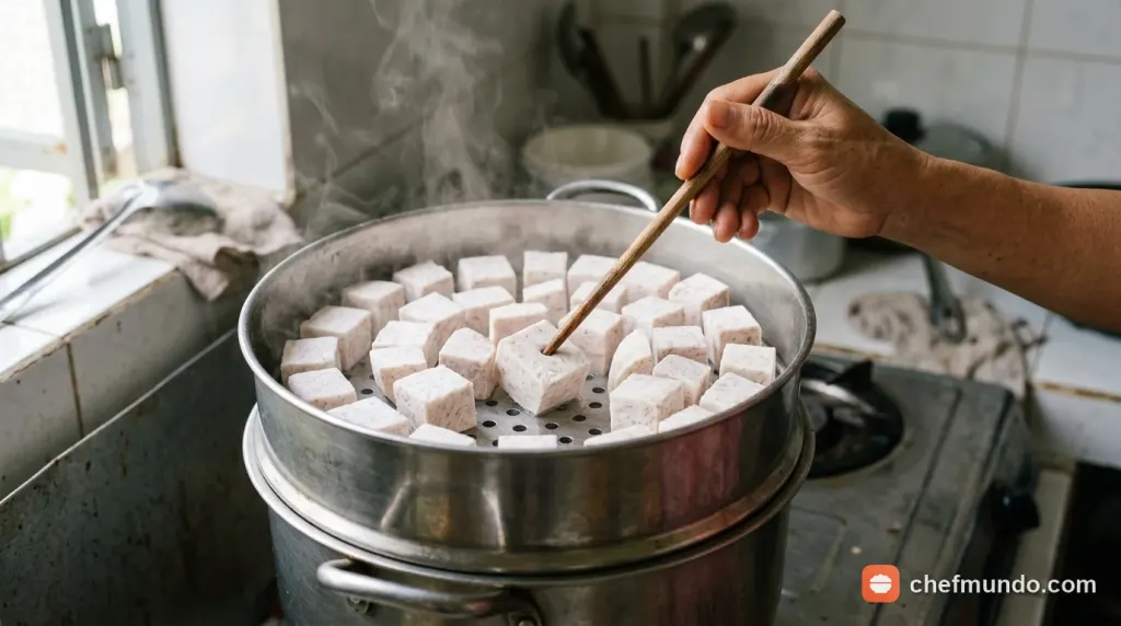 Kiểm tra độ chín của khoai môn hấp trong xửng bằng đầu đũa gỗ
