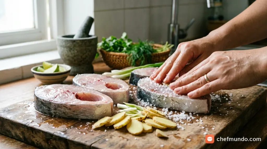 Sơ chế và làm sạch nhớt cá tươi bằng muối hạt và gừng giúp thịt cá săn chắc