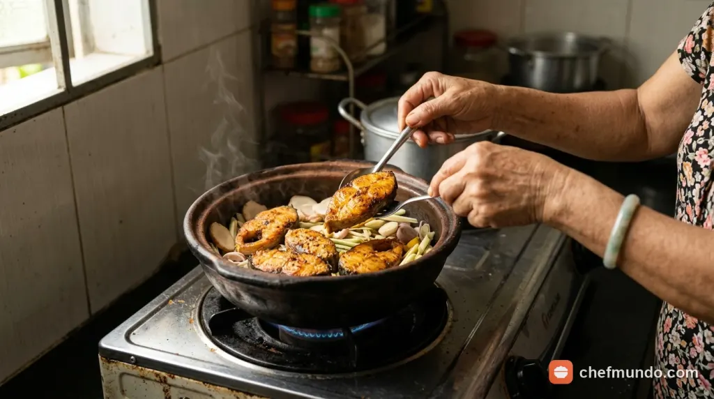 Xếp các khúc cá đã chiên sơ lên lớp riềng sả lót đáy nồi để kho lửa nhỏ không bị bén