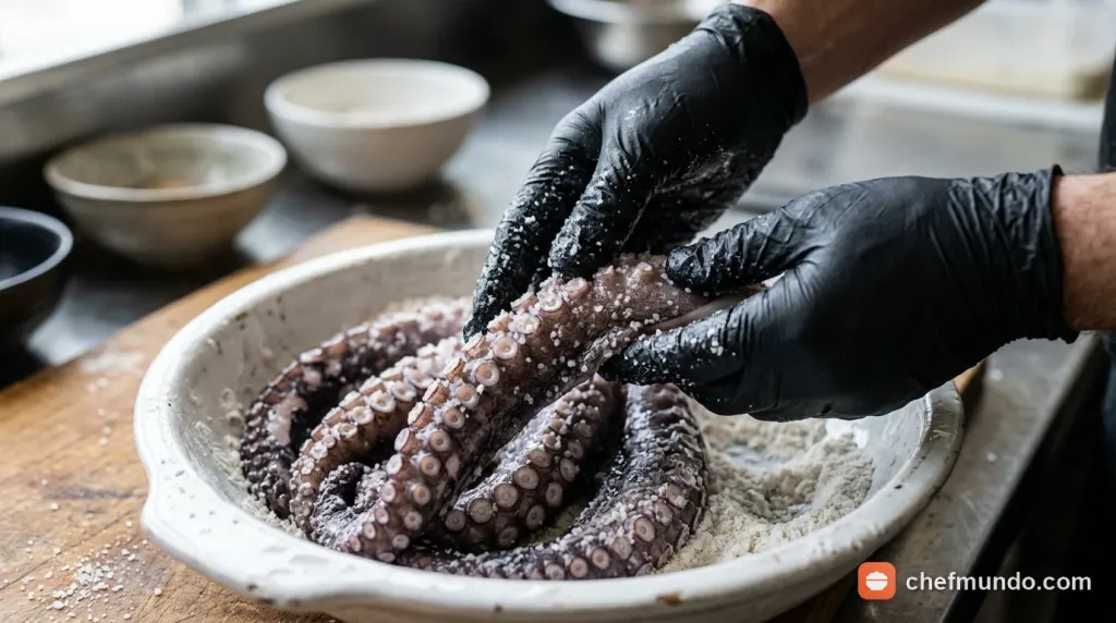 Sơ chế bóp muối hạt và bột bắp để làm sạch nhớt ở các giác hút bạch tuộc