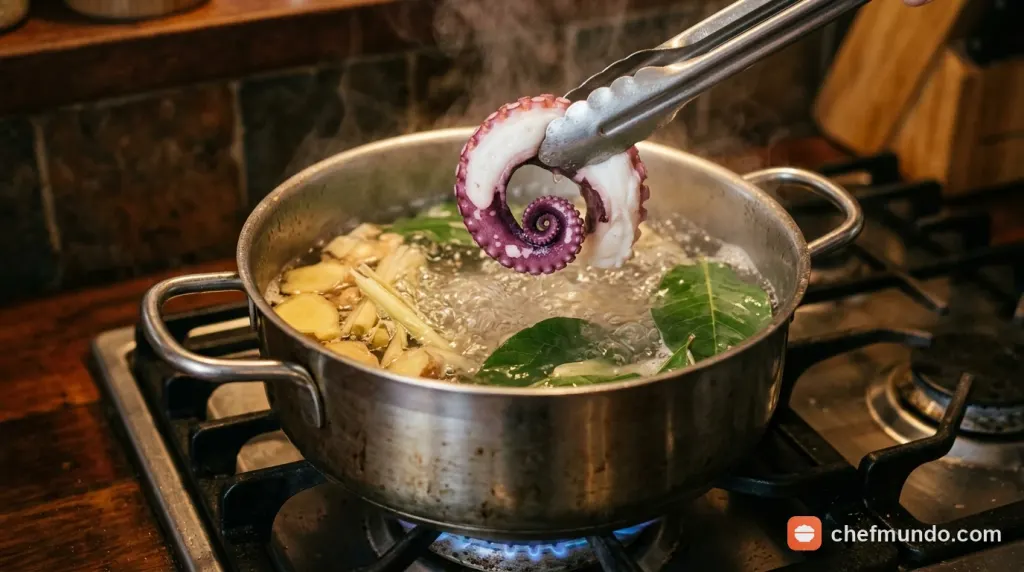 Chần nhanh bạch tuộc trong nước sôi có gừng sả và lá chè xanh để khử sạch mùi tanh
