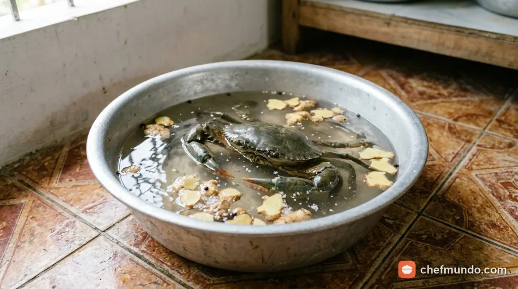 Dùng bàn chải nhỏ cọ rửa sạch bùn đất ở mai yếm và các khớp chân cua dưới vòi nước