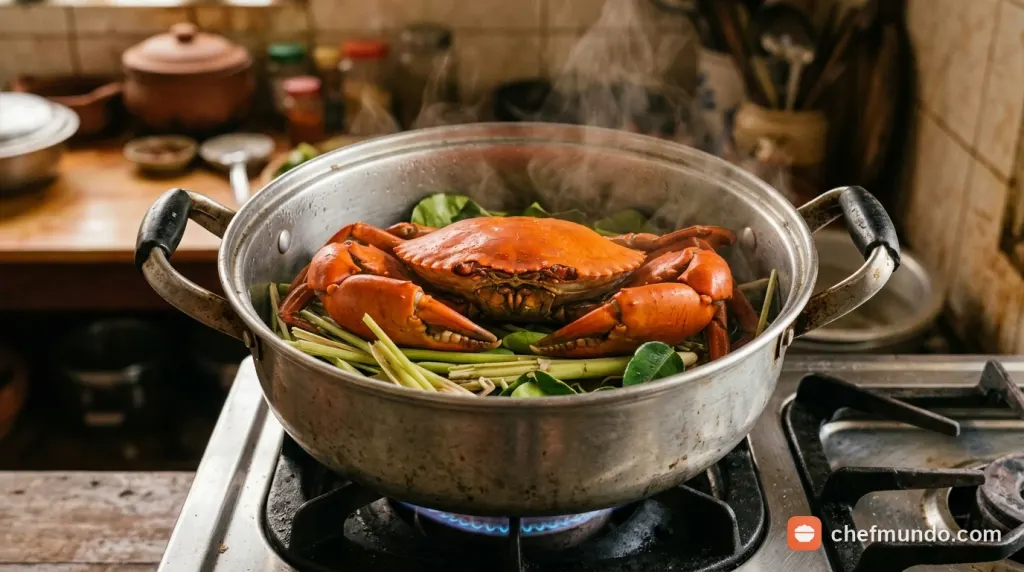 Nồi cua hấp thơm lừng mở hé nắp vung giúp hơi tanh bay thoát ra ngoài
