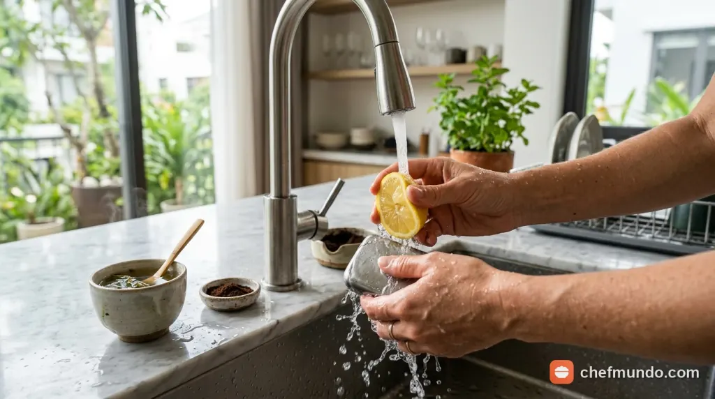 Khử sạch mùi tanh hải sản bám trên da tay bằng bánh xà phòng inox dưới vòi nước