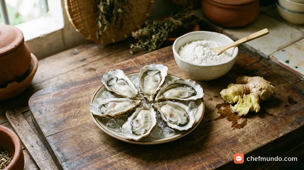 Ngâm ruột hàu trong hỗn hợp rượu trắng và gừng đập dập để khử sạch mùi tanh