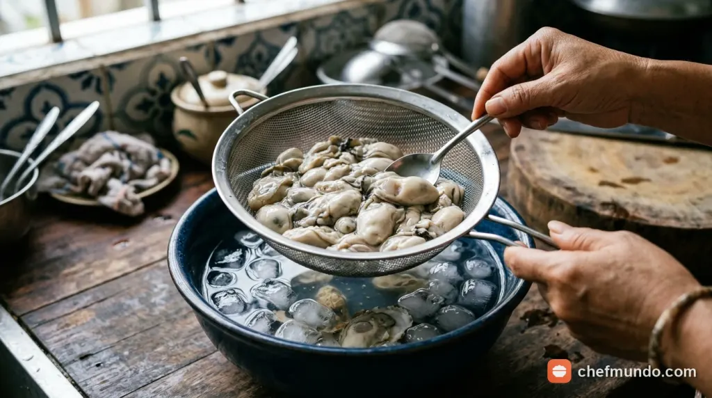 Rửa nhẹ tay ruột hàu bằng nước muối pha loãng để sạch nhớt mà không bị vỡ bụng