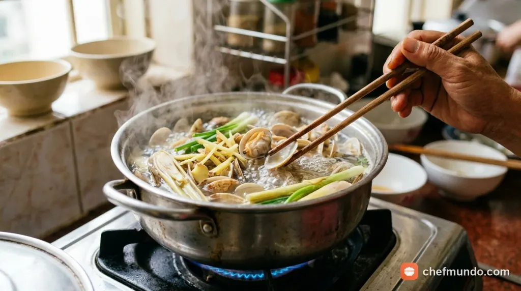 Ngâm hến trong thau nước sạch pha ớt tươi và muối hạt giúp hến tự động nhả sạch bùn đất