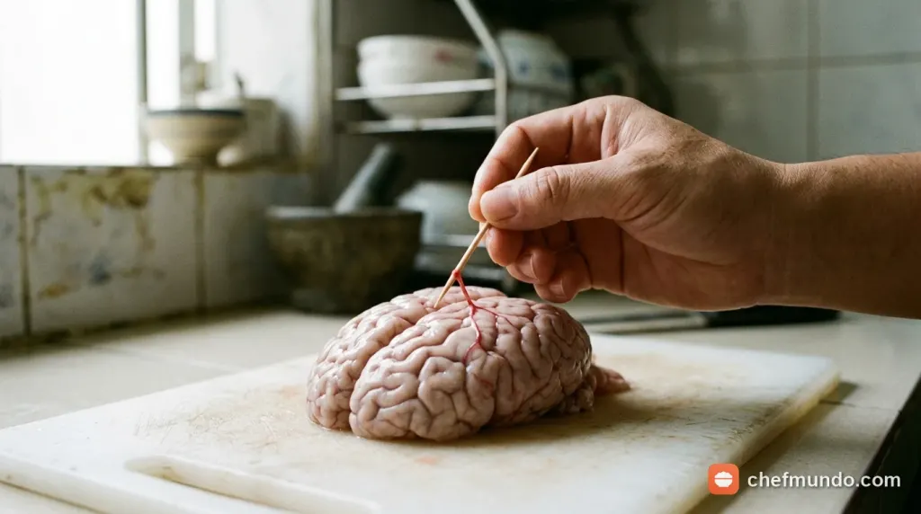 Hướng dẫn dùng tăm nhọn khéo léo bóc sạch màng gân và tia máu đỏ bao quanh óc heo