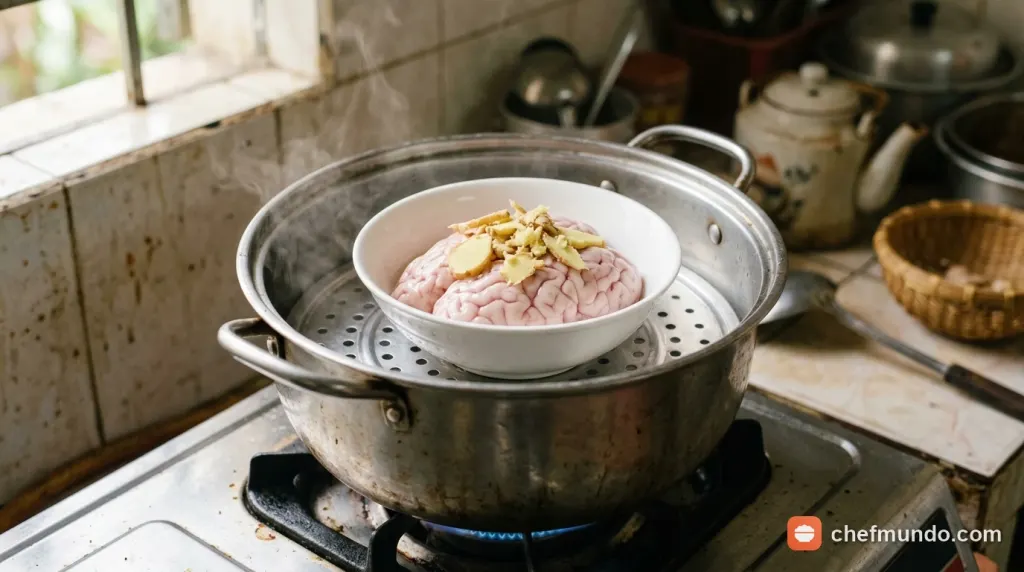 Chần sơ óc heo trong nước sôi có gừng đập dập và rượu trắng để khử sạch mùi tanh