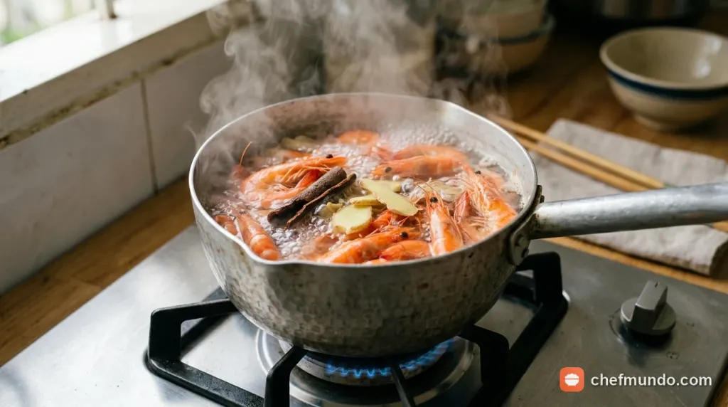 Nồi nước luộc tôm sôi bùng kết hợp sả đập dập, gừng tươi và thanh quế giúp khử sạch mùi tanh