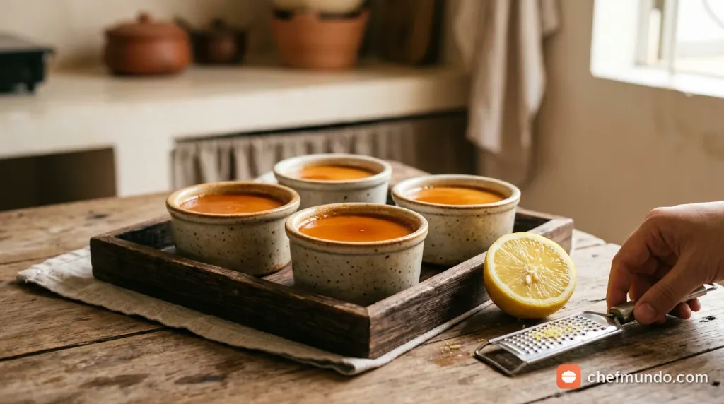 Rót sữa ấm và lọc hỗn hợp trứng qua rây mịn để khử mùi tanh khi làm bánh flan mềm mịn