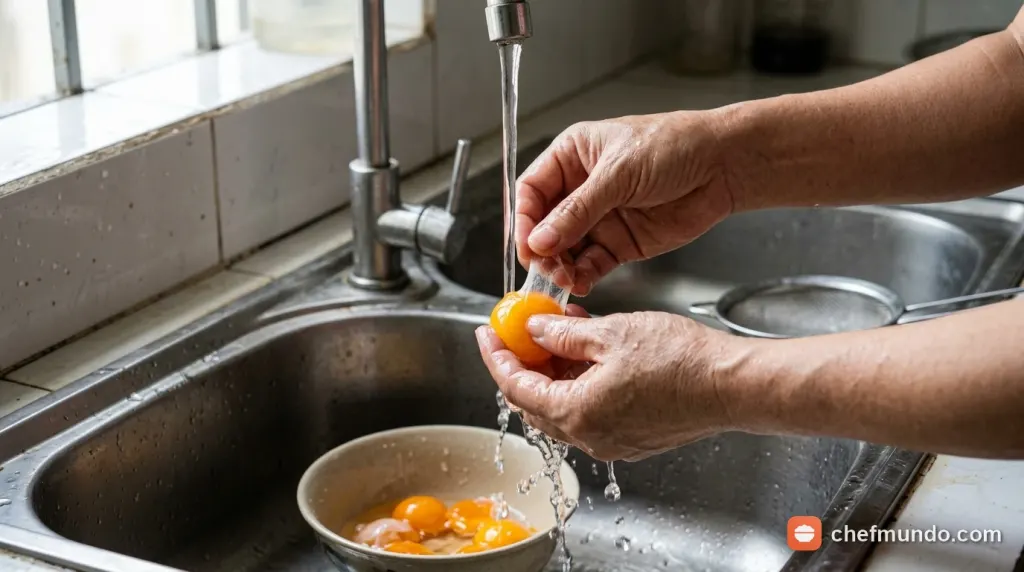 Sơ chế tách sạch phần lòng trắng và màng nhầy bao quanh lòng đỏ trứng muối