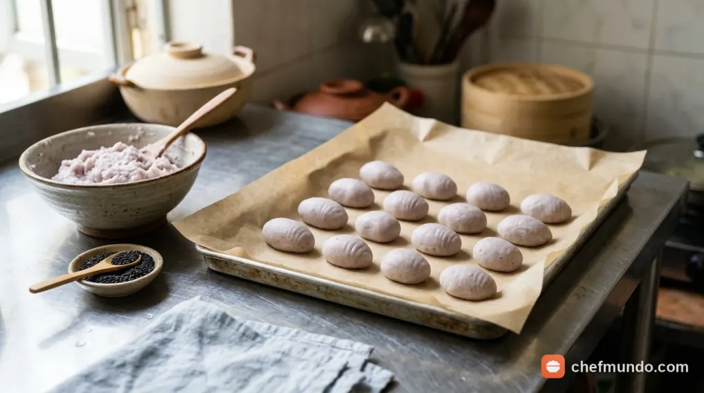 Tạo hình bánh khoai môn kén thon dài đều đặn trước khi chiên giòn